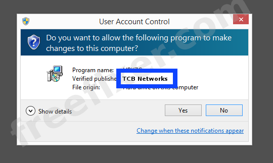 Screenshot where TCB Networks appears as the verified publisher in the UAC dialog